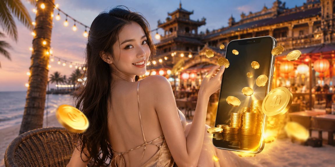 Chợ đêm Huế với ánh đèn lung linh và người dùng trẻ truy cập jackpot trên điện thoại