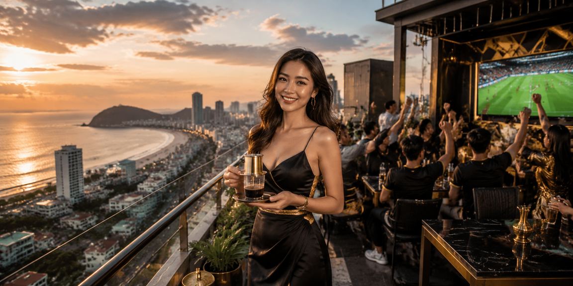 Buổi tối tại Vũng Tàu người dùng xem kết quả jackpot trực tuyến bên ly cà phê
